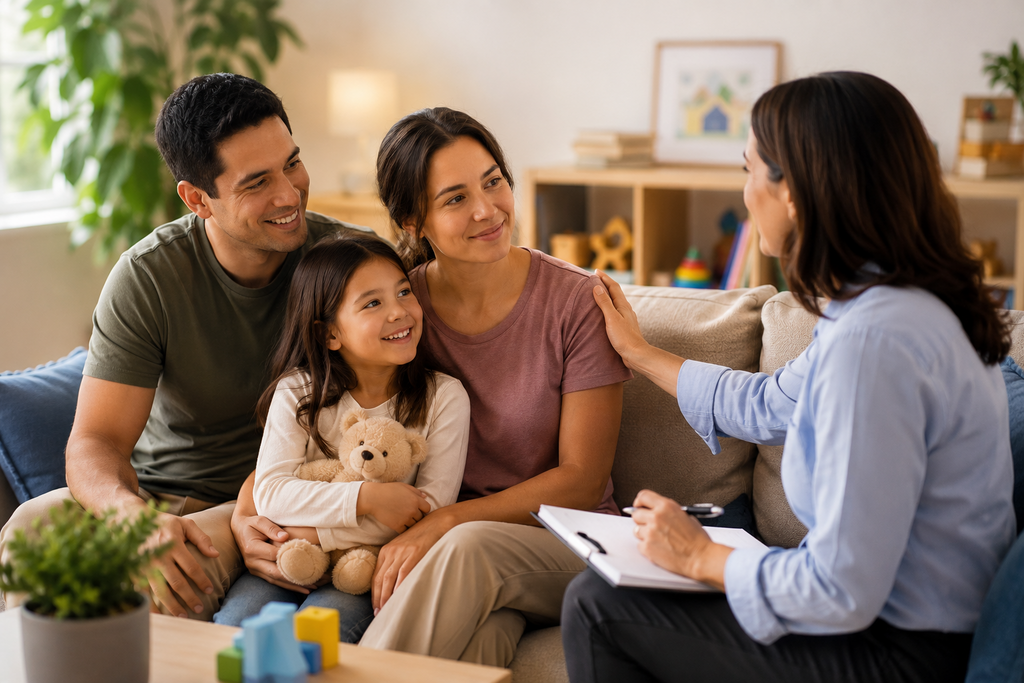 Family meeting with a counselor providing support services to parents and their child in a welcoming environment focused on healing, communication, and emotional well-being.