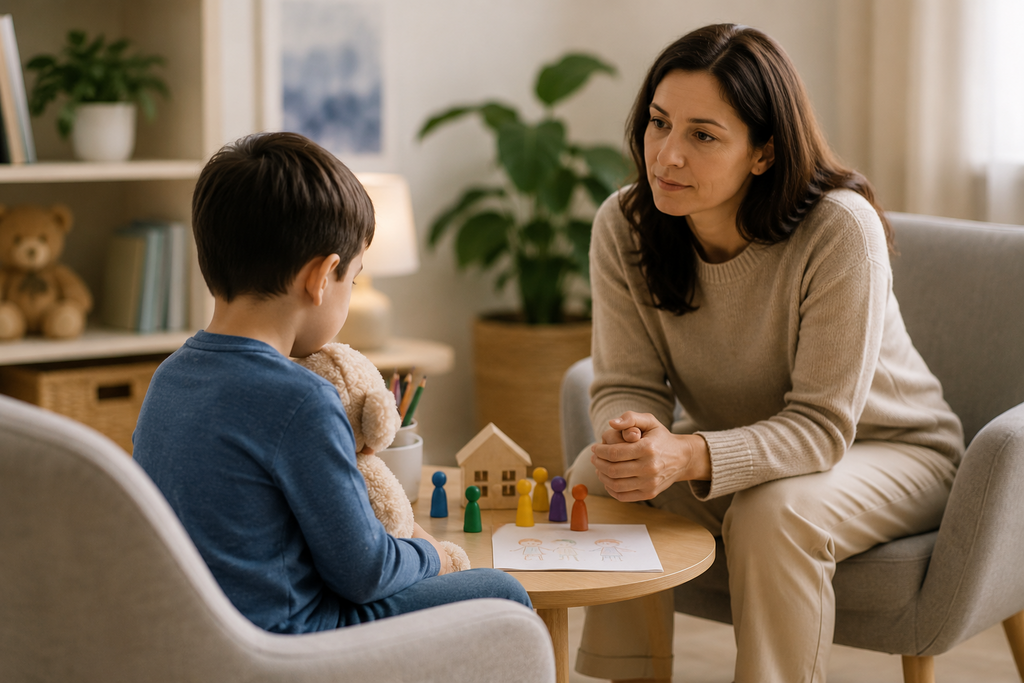 Professional therapist providing age-appropriate behavioral counseling for a child in a safe, supportive environment using therapeutic toys and family-focused intervention techniques.